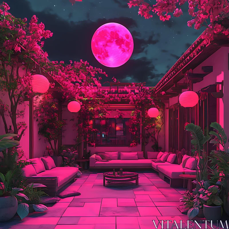 AI ART Dreamy Pink Outdoor Lounge with Moon