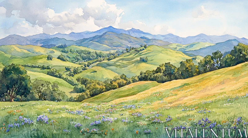 AI ART Peaceful Hillside Scenery with Wildflowers