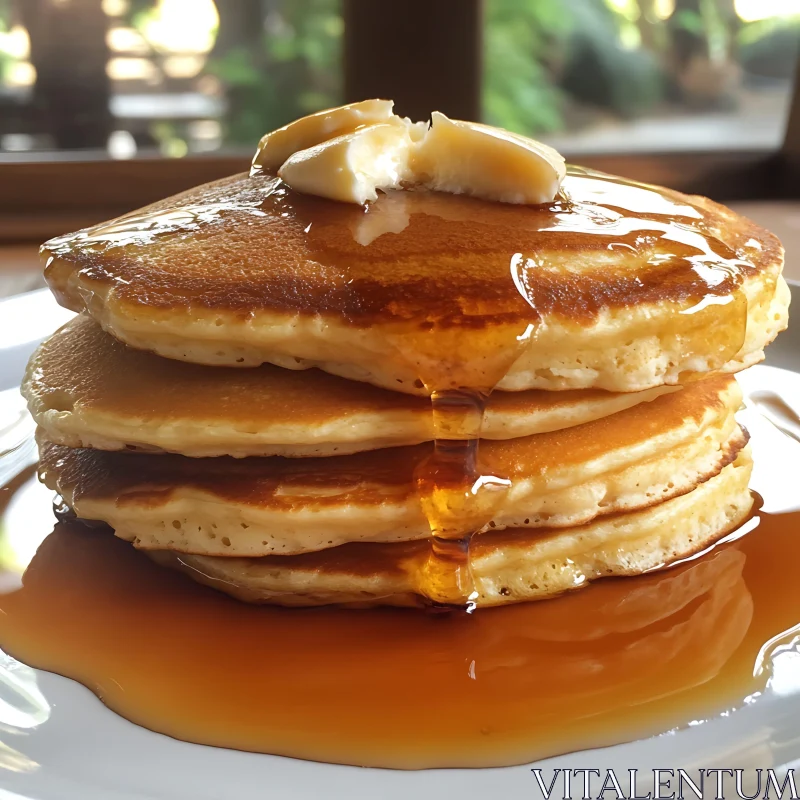 Golden Brown Pancakes with Syrup and Butter AI Image