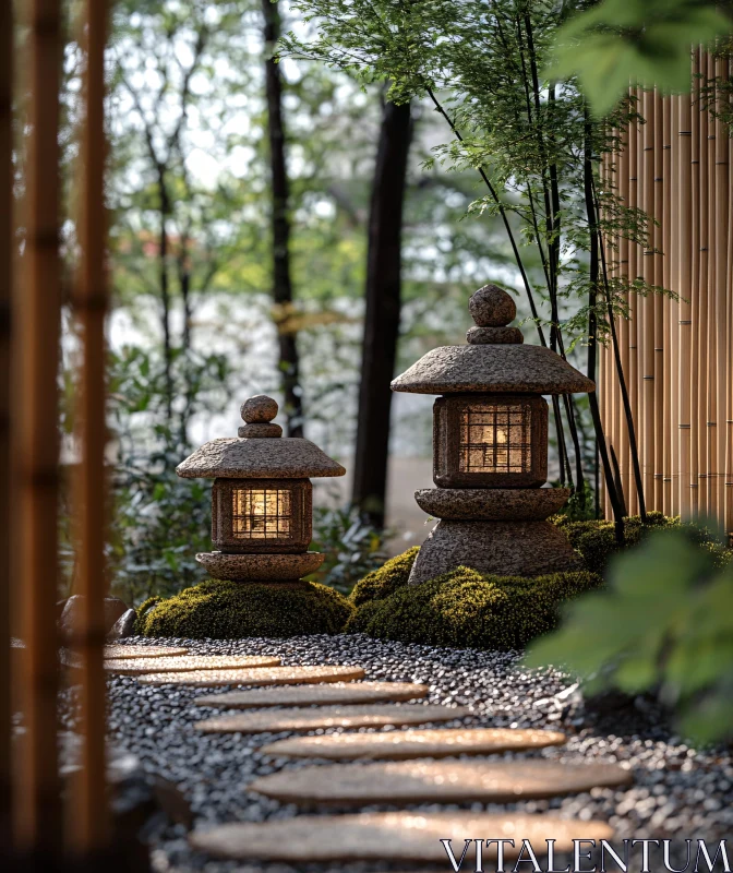 Illuminated Stone Lanterns in a Japanese Garden AI Image