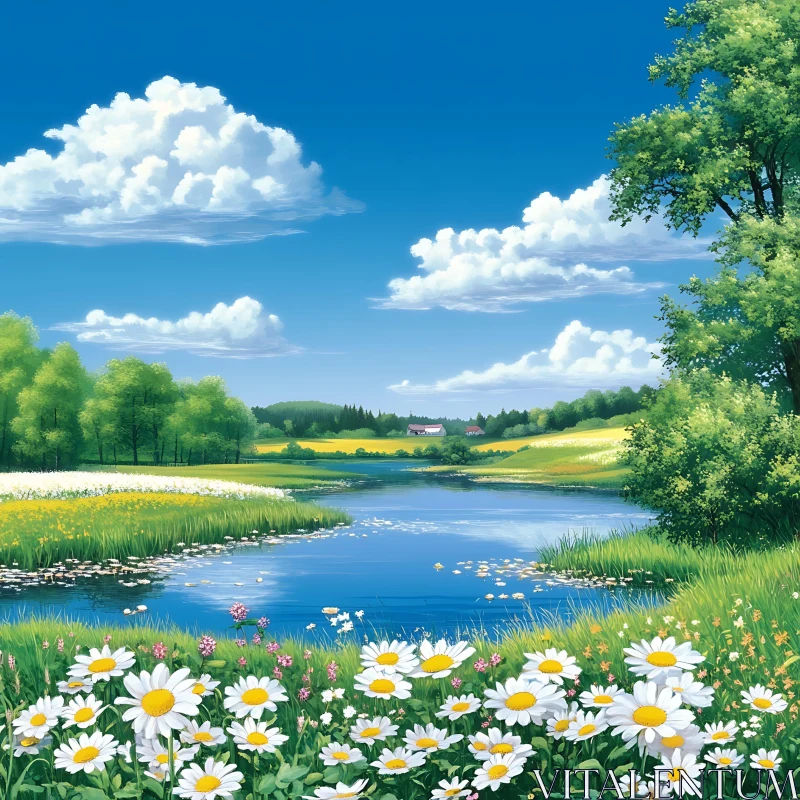 AI ART Scenic Lake Landscape with Flowers