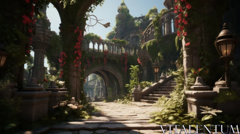 Ancient Ruins and Tree-Lined Path Rendered In Unreal Engine 5 AI Image