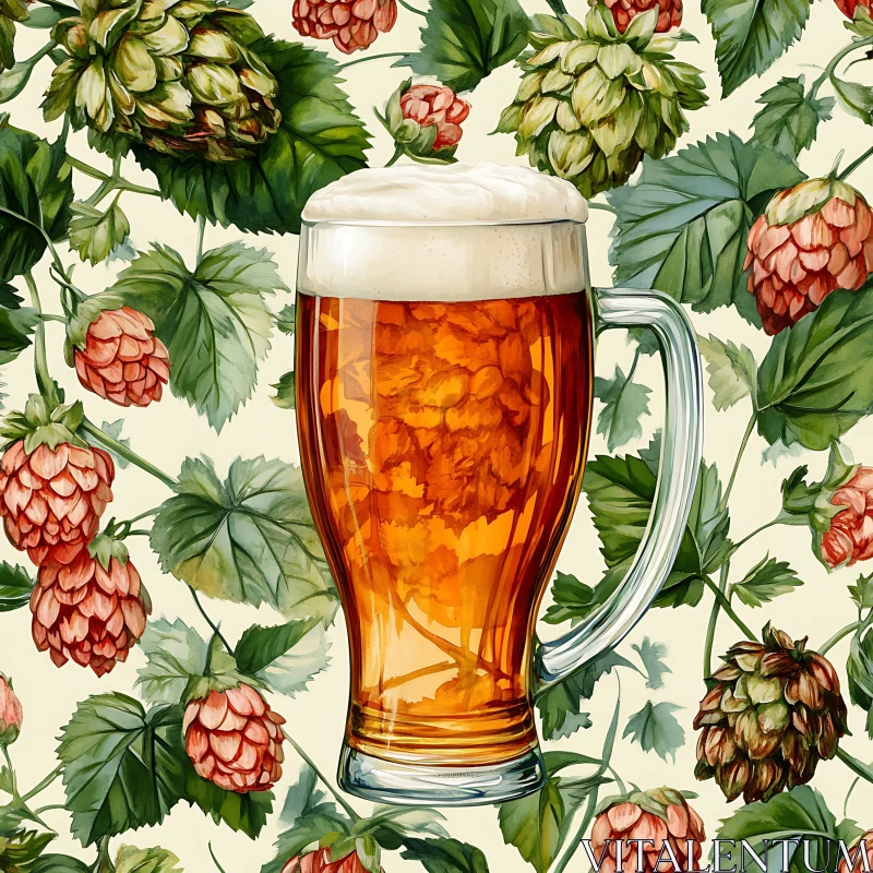 Foamy Pint of Beer with Hops AI Image