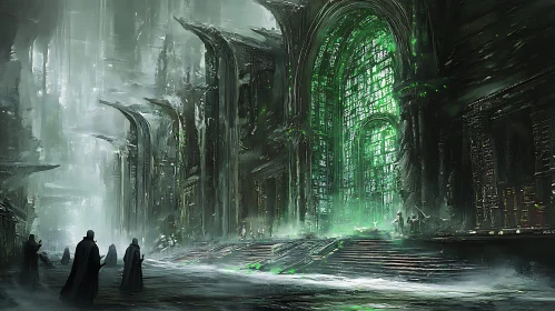 Dark Gothic Architecture with Cloaked Figures