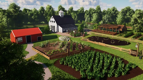 Farm with buildings and cultivated fields