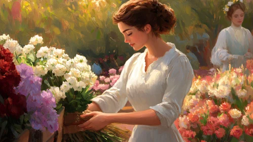 Woman Arranging Flowers in Garden
