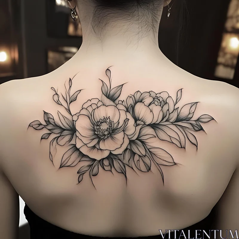 Intricate Peony Floral Tattoo on Upper Back AI Image