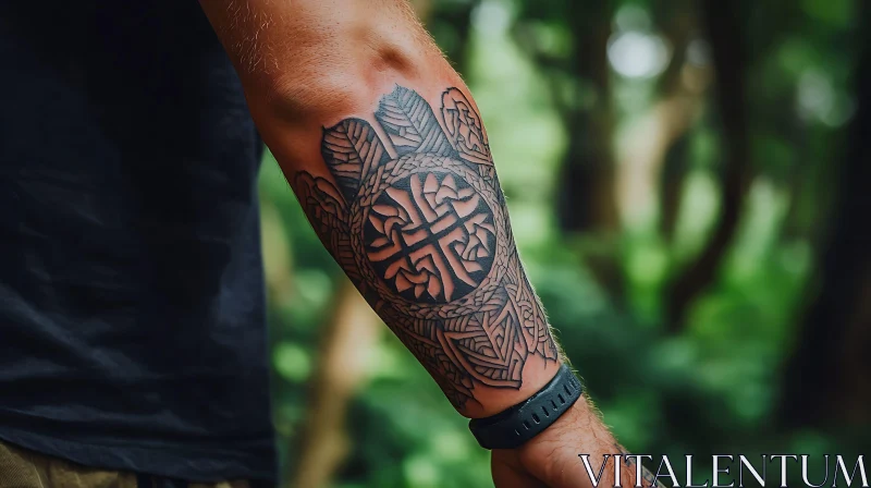 Geometric Arm Tattoo in Forest Background AI Image