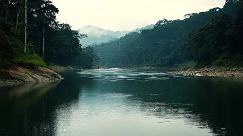 Peaceful River Scene in a Misty Forest