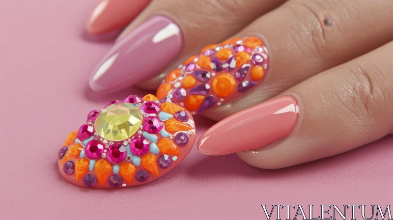 Glamorous Pink Nail Polish with 3D Decoration | Exquisite Hand Art AI Image