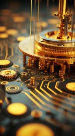 Golden Circuit Board and Gears - Abstract Technological Artistry