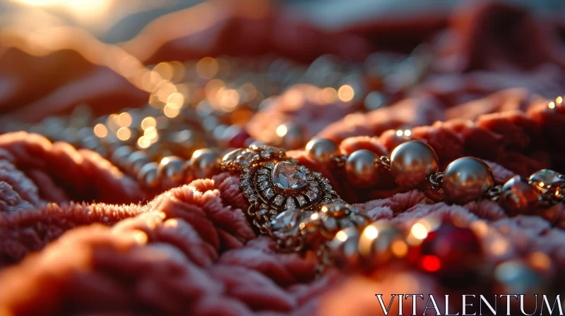Luxurious Gold and Pearl Jewelry on Pink Velvet | Close-up AI Image