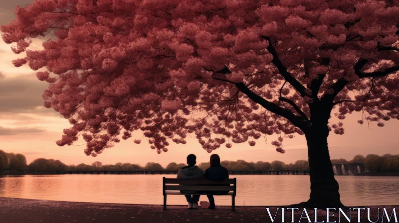Romantic Image of Two People Sitting Under a Cherry Tree AI Image