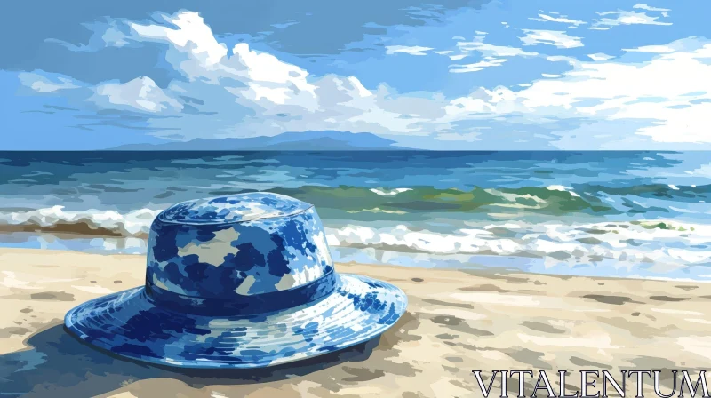 Tranquil Beach Scene with Blue Hat | Summer Vacation Image AI Image