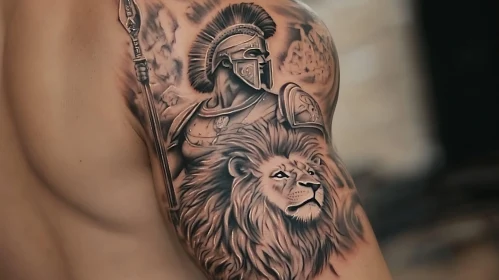Detailed Tattoo of Roman Warrior and Lion