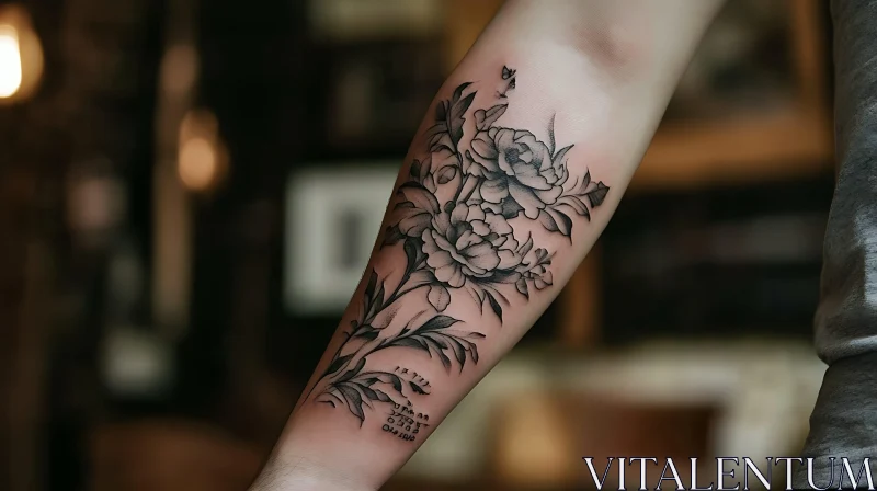 Intricate Black and Grey Flower Tattoo on Arm AI Image