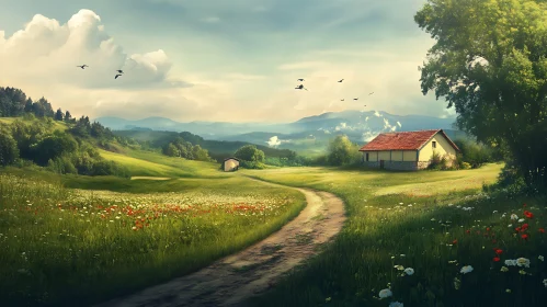 Idyllic Rural Landscape with Cottage