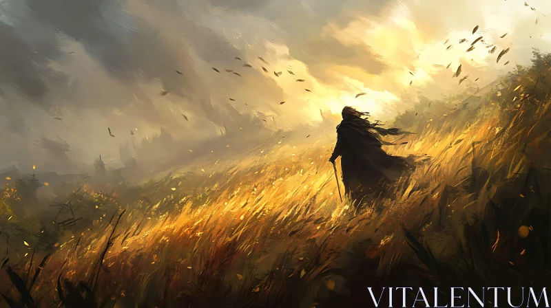 Figure in Golden Field at Sunset