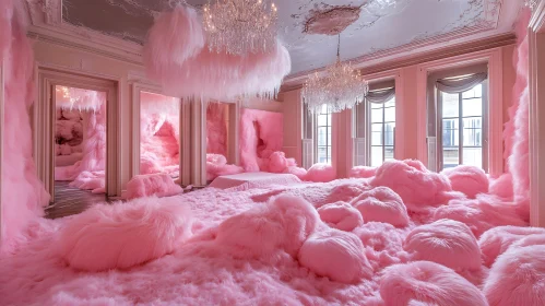 Surreal Pink Interior with Chandeliers