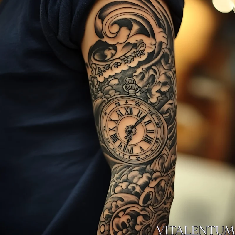 Detailed Black and Grey Tattoo of Pocket Watch on Arm AI Image