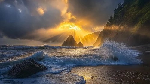 Dramatic Sunset at Rocky Coastline