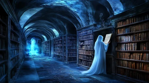 Ghostly Figure Reading Old Book