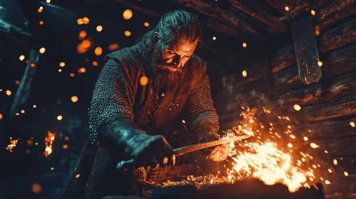 Medieval Blacksmith at Work with Sparks