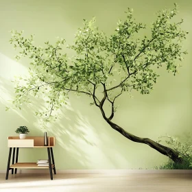 Stylized Tree on Green Wall with Table