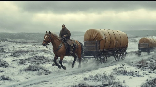 Winter Journey with Horse-Drawn Wagon