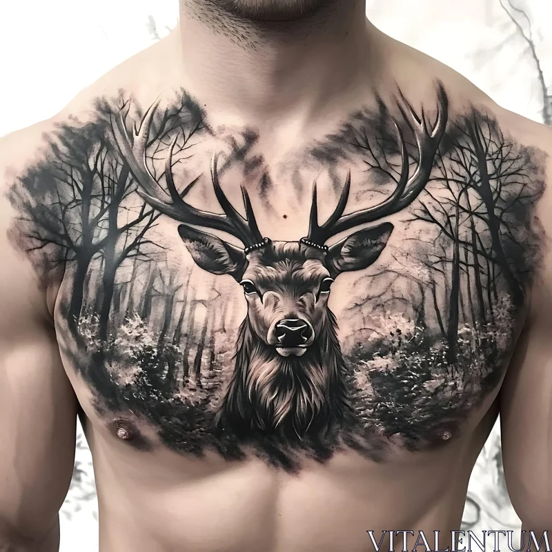 Intricate Deer Chest Tattoo in Forest Setting
