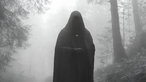 Cloaked Figure in Foggy Woods