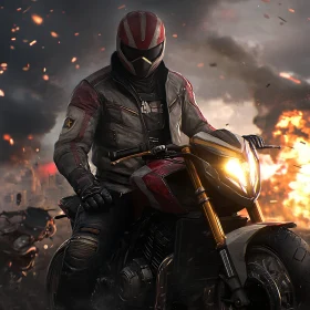 Motorcycle Rider in a Destroyed Cityscape