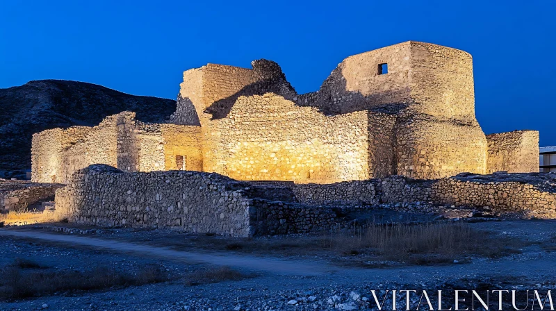 Illuminated Castle Ruins Under Night Sky