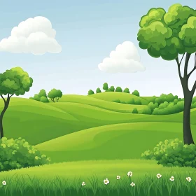Cartoon Green Field With Trees