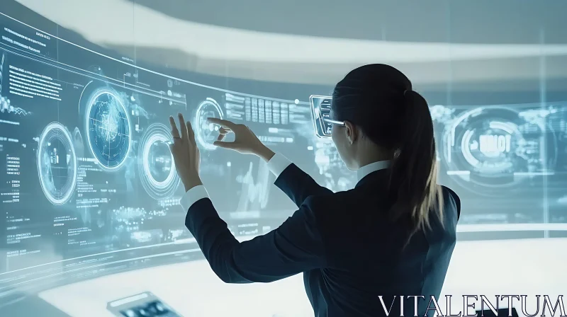 Woman Navigating Holographic Data Display