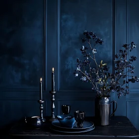 Blue Still Life with Candles and Flowers