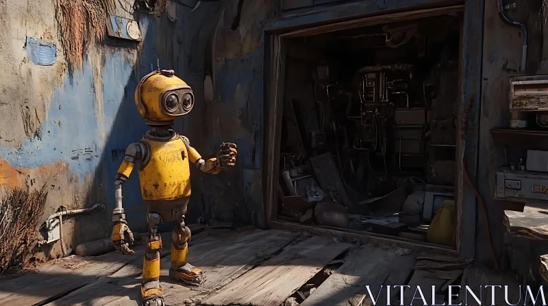 Retro Robot in Dilapidated Room