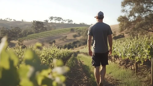 Man Walking Through Vineyard Landscape