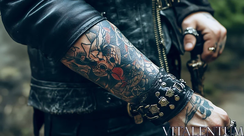 Tattooed Arm with Leather Jacket and Studded Bracelet
