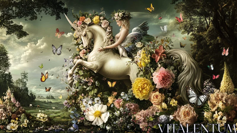 Winged Woman on Unicorn with Flowers