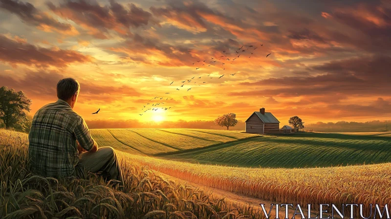 Man Contemplates Sunset in Rural Landscape