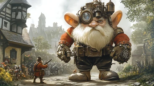 Colossal Steampunk Dwarf Overlooking Village