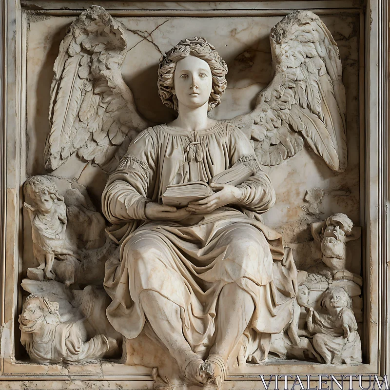 AI ART Winged Angel with Book Marble Carving