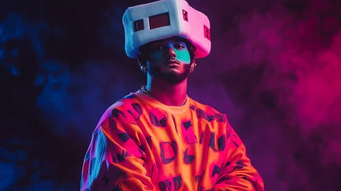 Man in Neon with Geometric Headpiece
