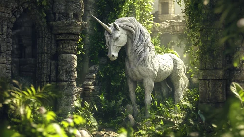 Mythical Unicorn Statue in Overgrown Ruins