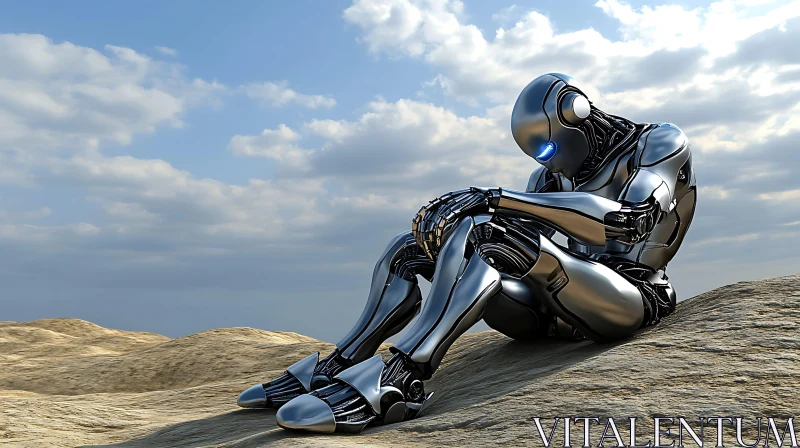 Chrome Robot Pondering in Rocky Desert