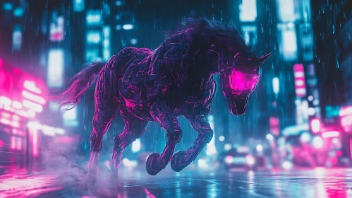 Robotic Horse Galloping Through Urban Night
