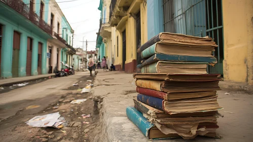 Books Stacked on Sidewalk