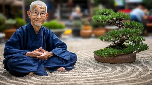 Meditative Man in Zen Garden with Bonsai
