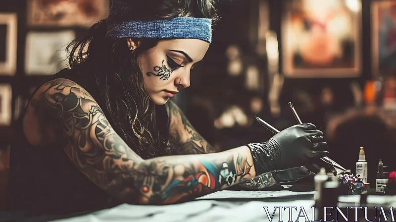 Tattoo Artist Meticulously Working in Studio